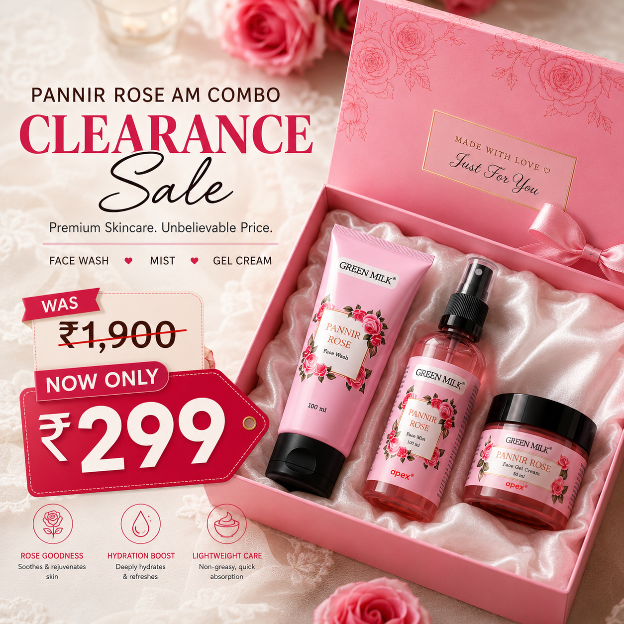 Pannir Rose AM Combo - Face Wash, Mist & Gel Cream