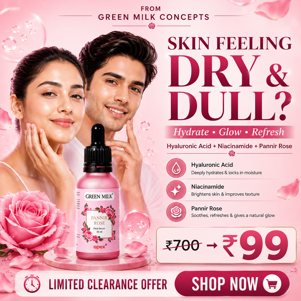 2% Hyaluronic Acid Serum with Niacinamide & Pannir rose – Hydrating & Revitalising  | Green Milk Concepts - 30 ml