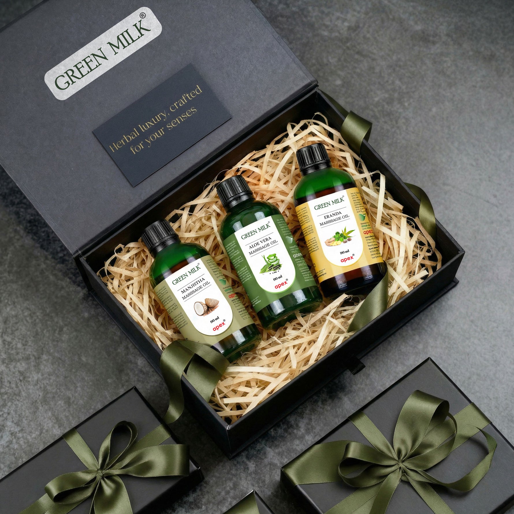 Set of Green Milk skincare products in a gift box on a gray background