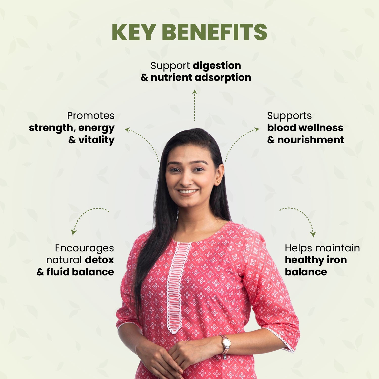 Woman in pink traditional outfit with key benefits text on a light background