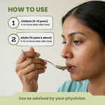 Person using a spoon with medication, accompanied by usage instructions.