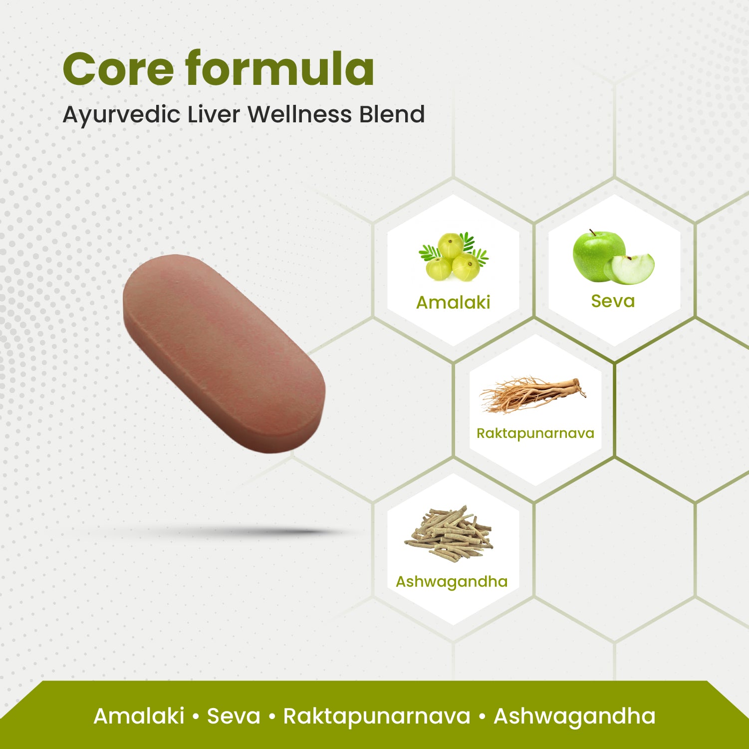 Ayurvedic liver wellness blend with ingredients and packaging on a white background