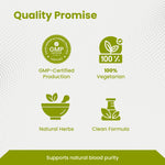 Quality Promise graphic with GMP certification, vegetarian, natural herbs, and clean formula icons on a white background.
