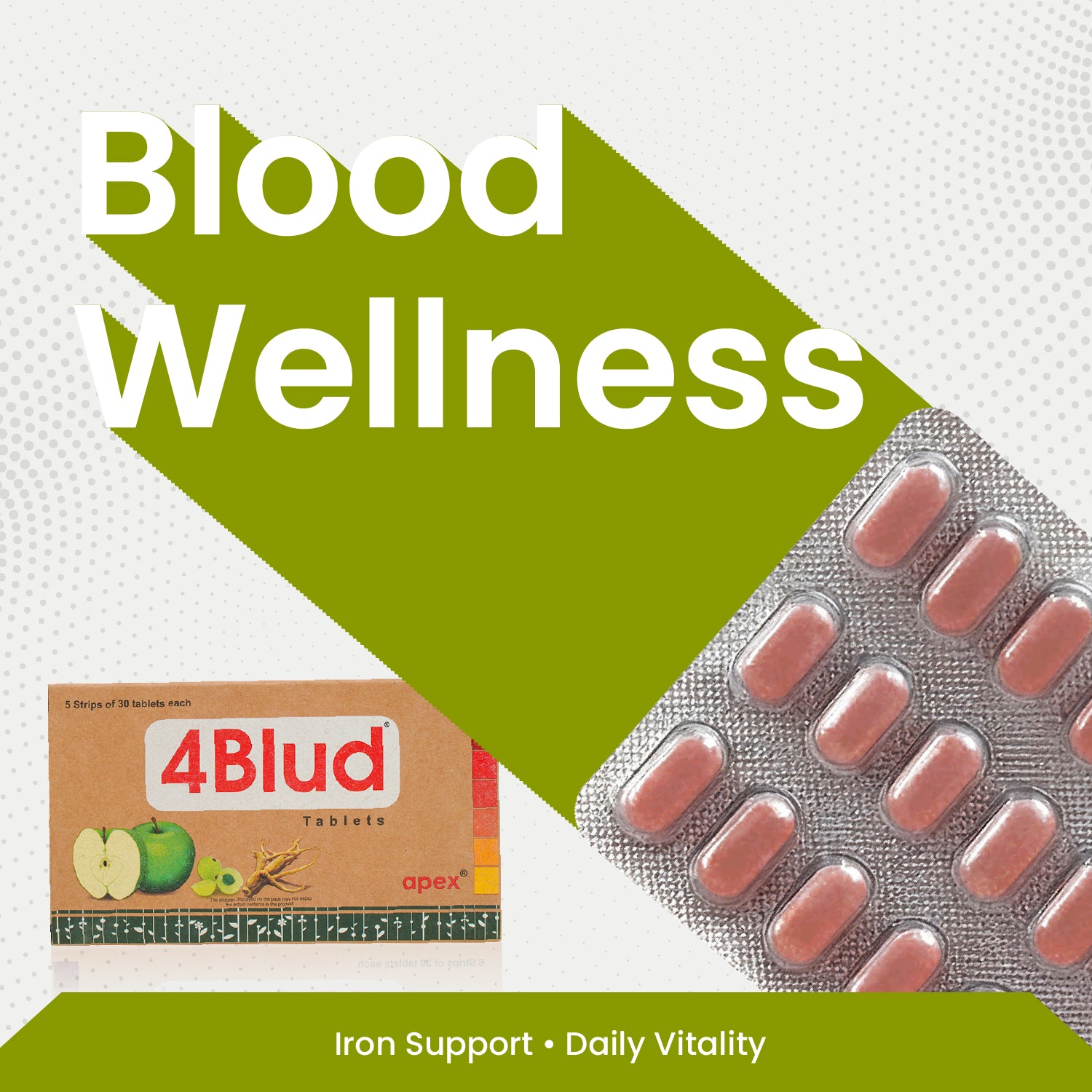 4Blud tablets packaging with text 'Blood Wellness' on a white background