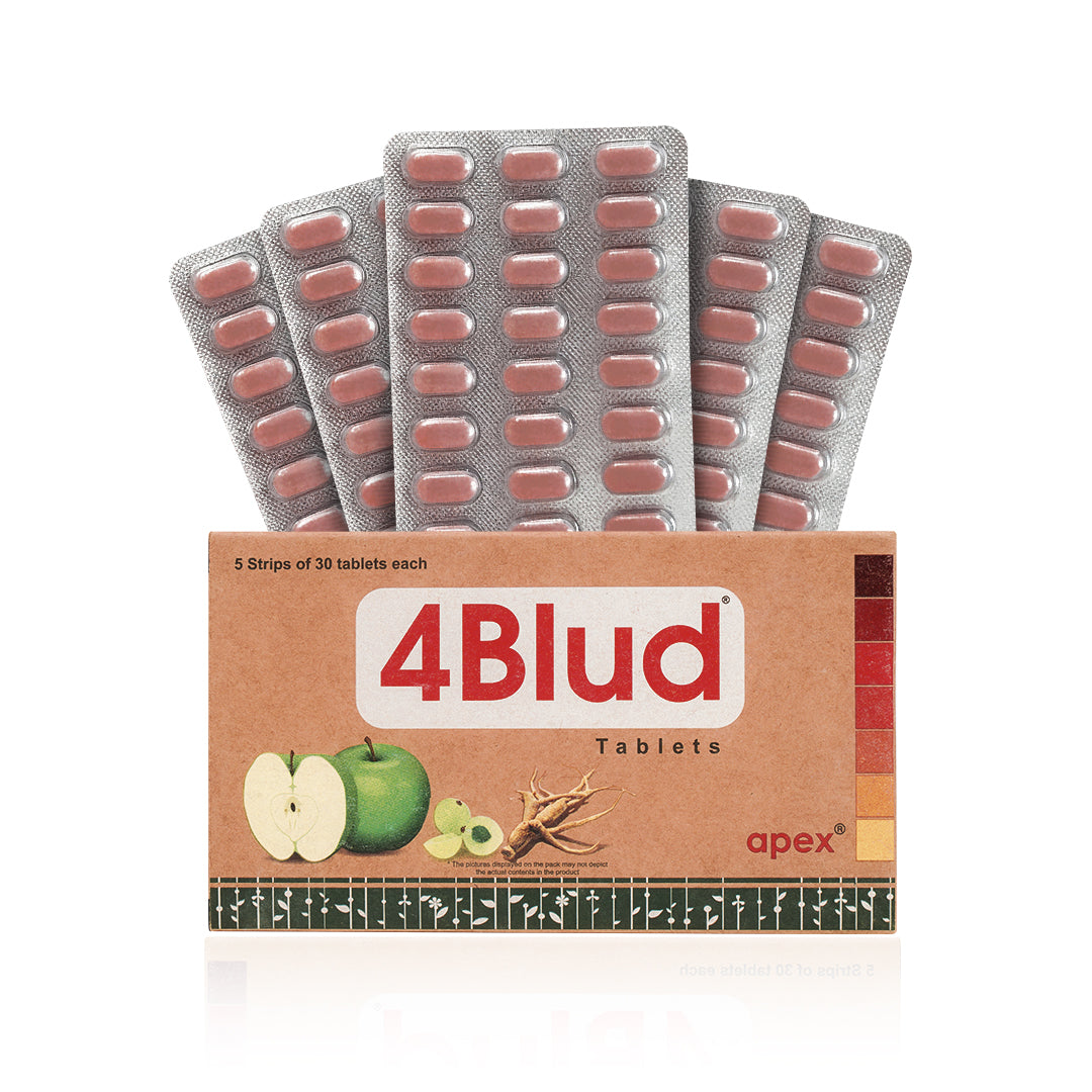 Packaging of 4Blud Tablets with blister packs on a white background