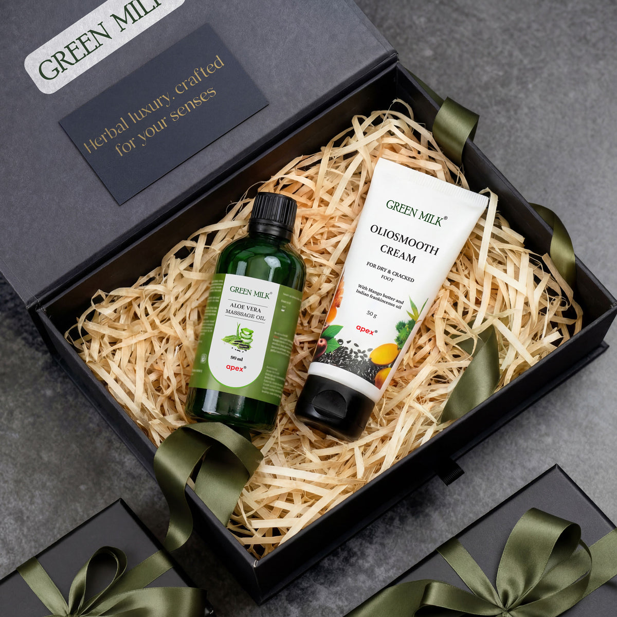 Green Milk skincare product set in a decorative box with green ribbons on a gray background