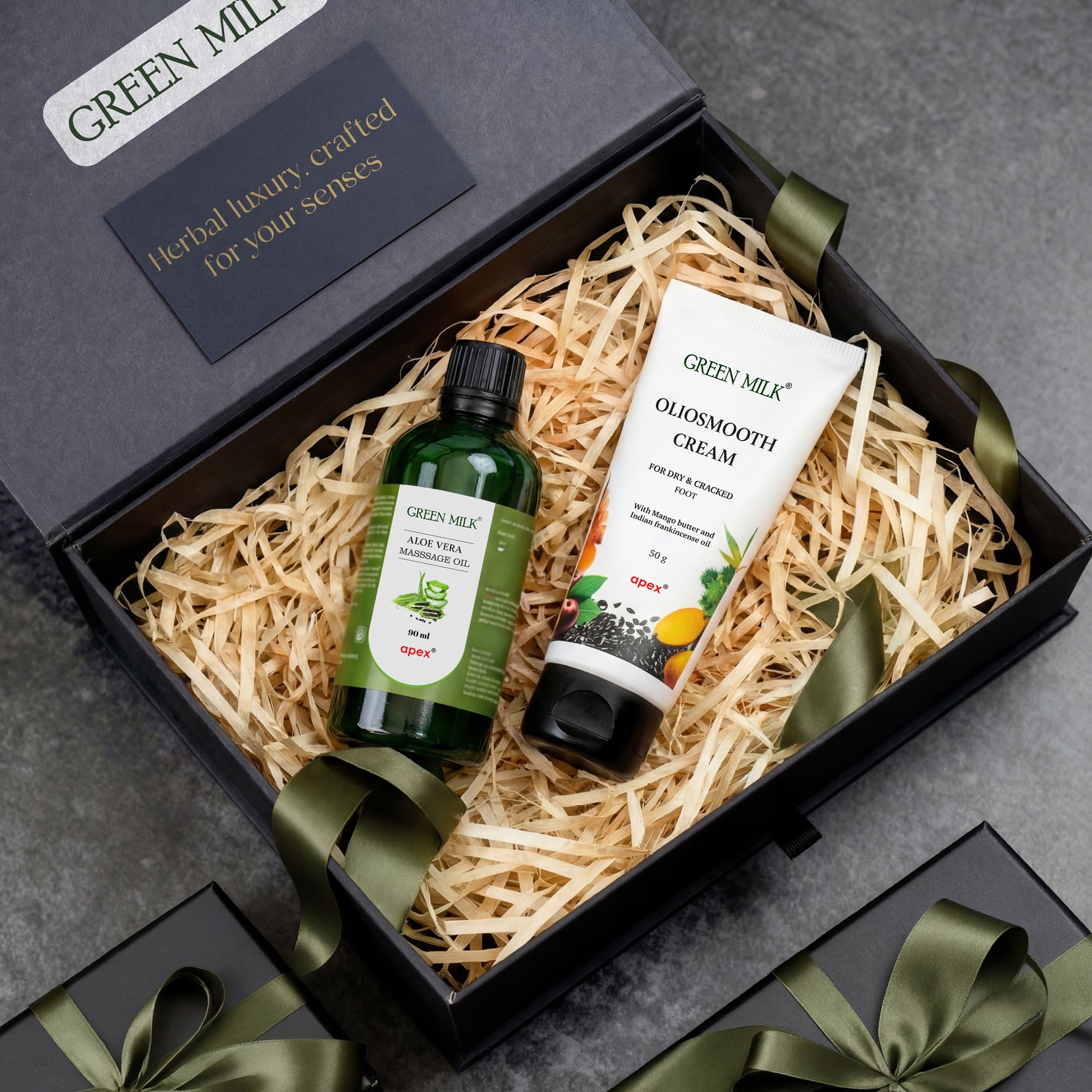 Green Milk skincare product set in a decorative box with green ribbons on a gray background