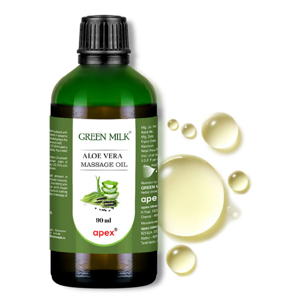 Green Milk Aloe Vera Massage Oil bottle with droplets on a white background