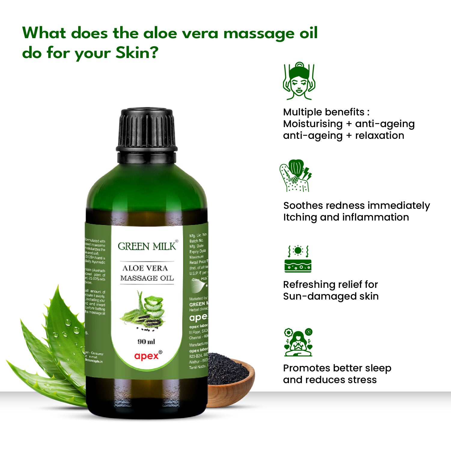 Aloe vera massage oil bottle with benefits listed on a white background