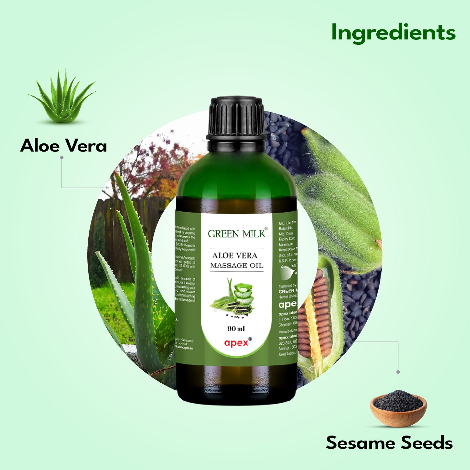 Green Milk Aloe Vera Massage Oil bottle with aloe vera and sesame seeds labeled on a green background