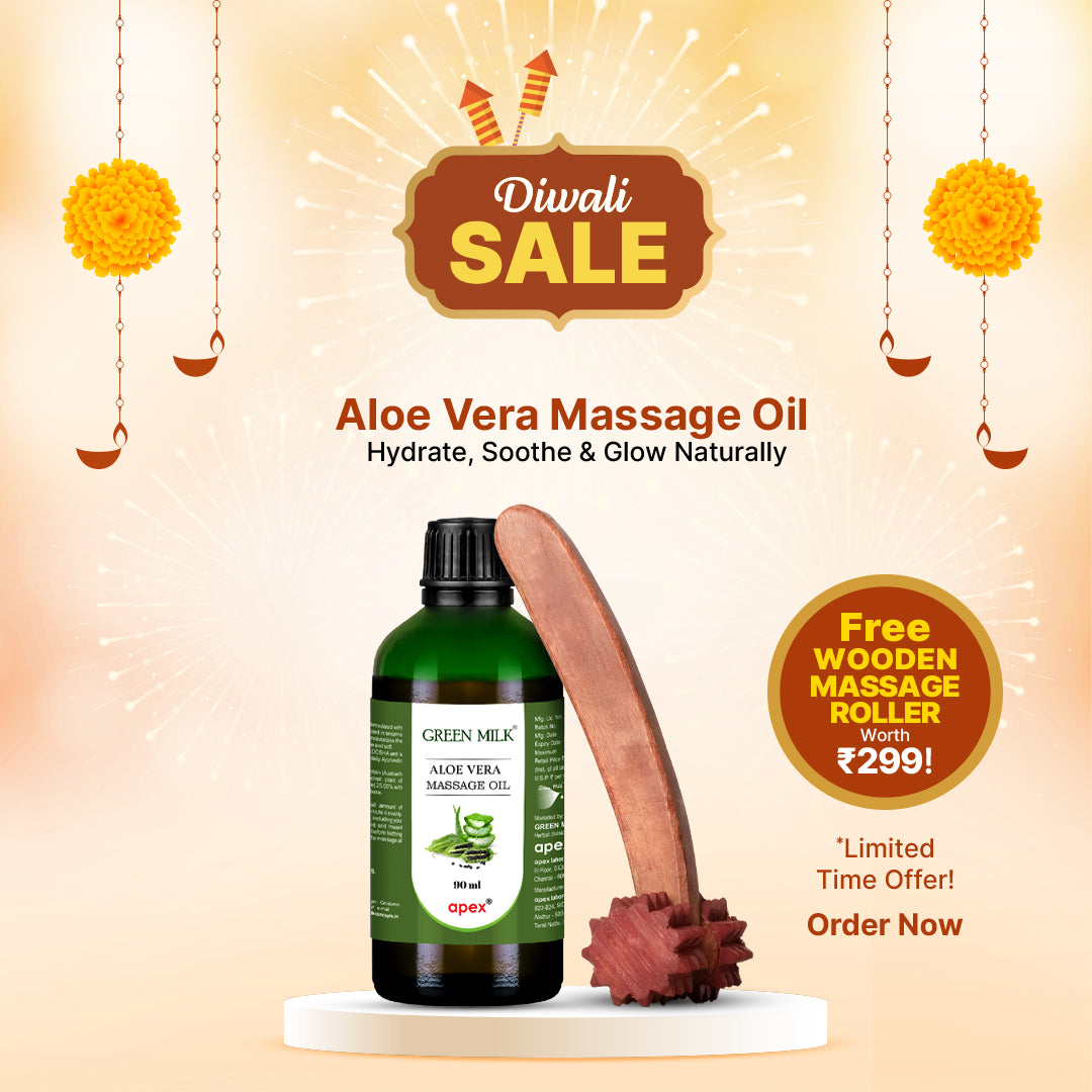 Aloe vera massage oil with a wooden roller on a Diwali sale background