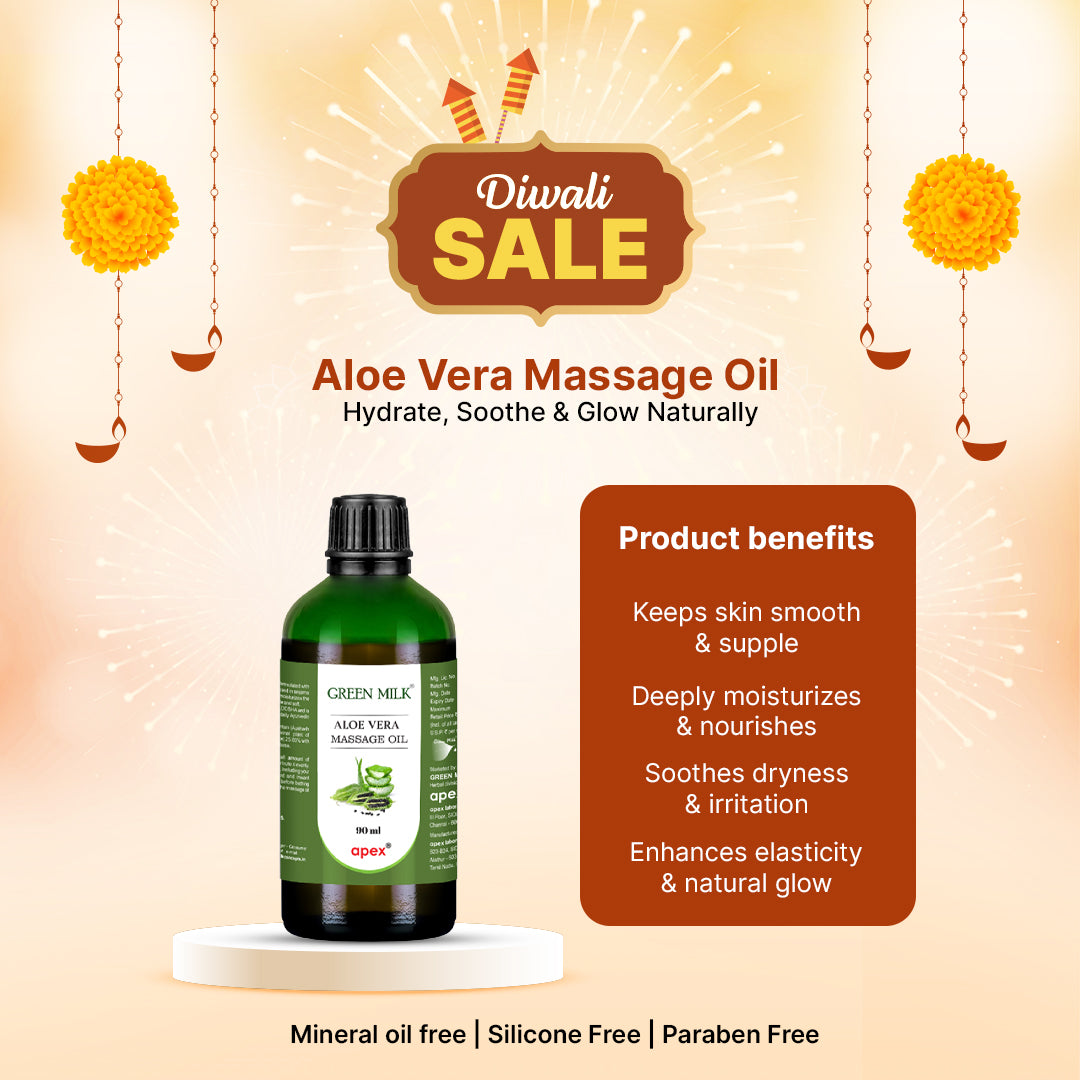 Aloe vera massage oil with product benefits on a Diwali sale background