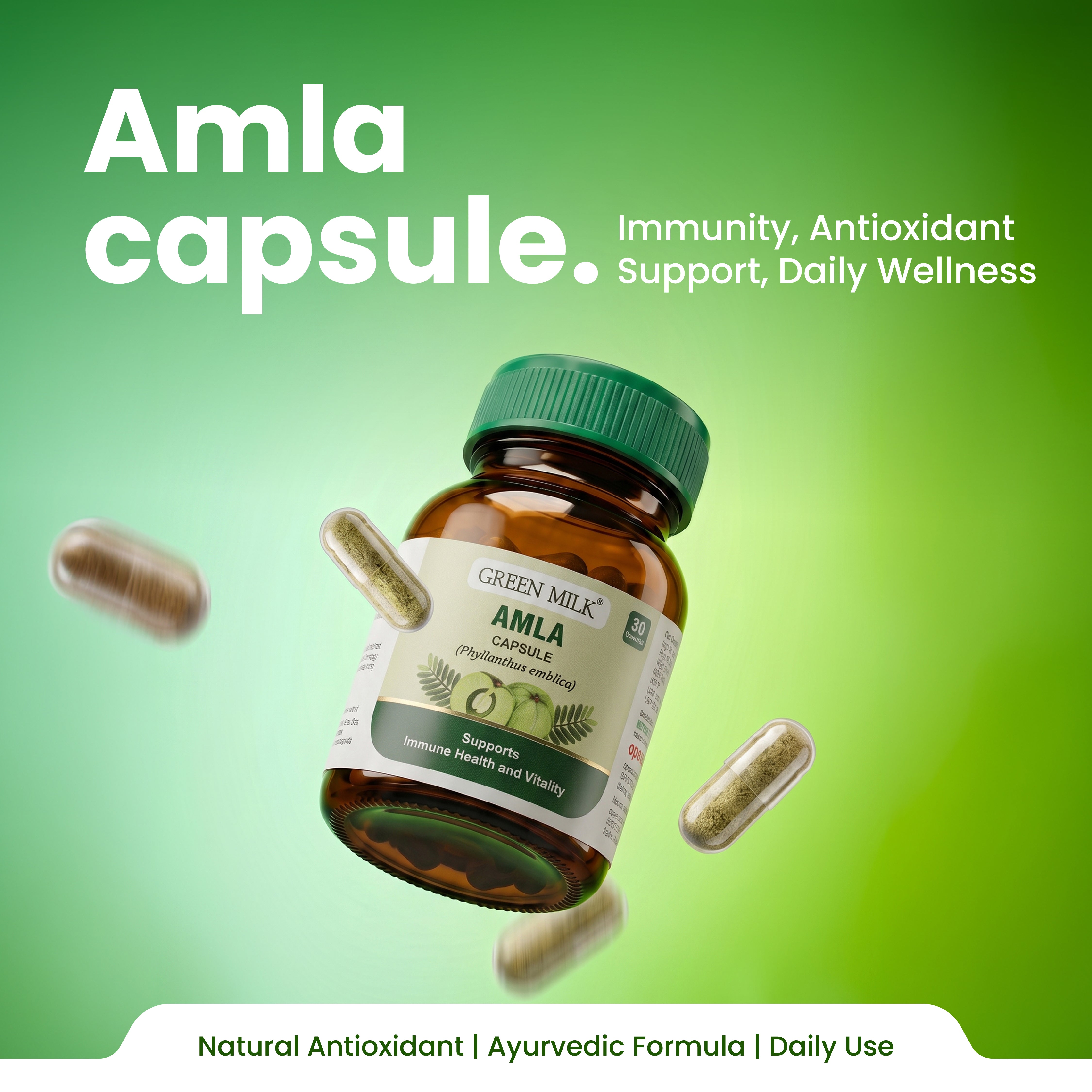 Amla capsule bottle with capsules on a green background, emphasizing immunity and antioxidant support.