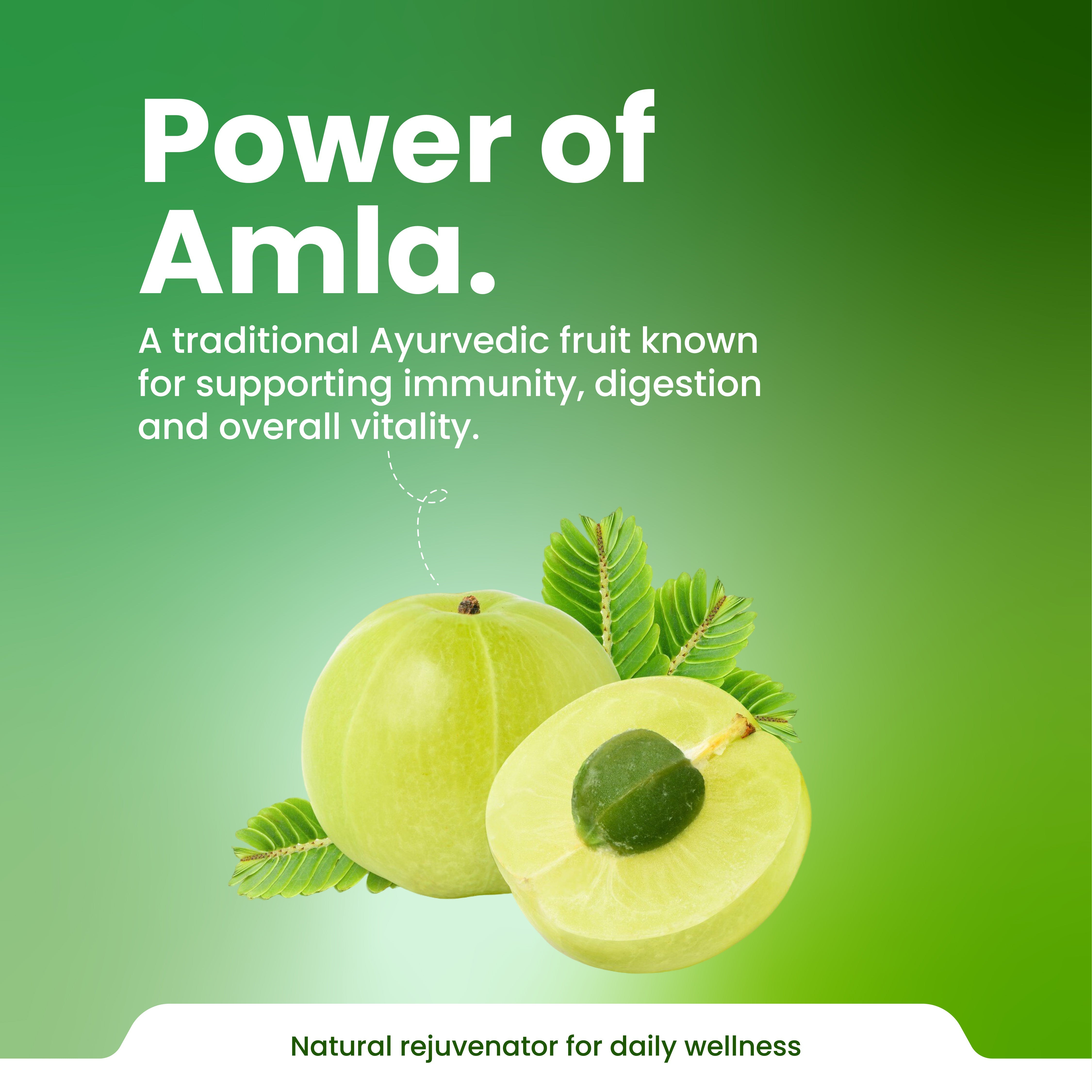 Amla fruit with leaves on a green background and text about its benefits.