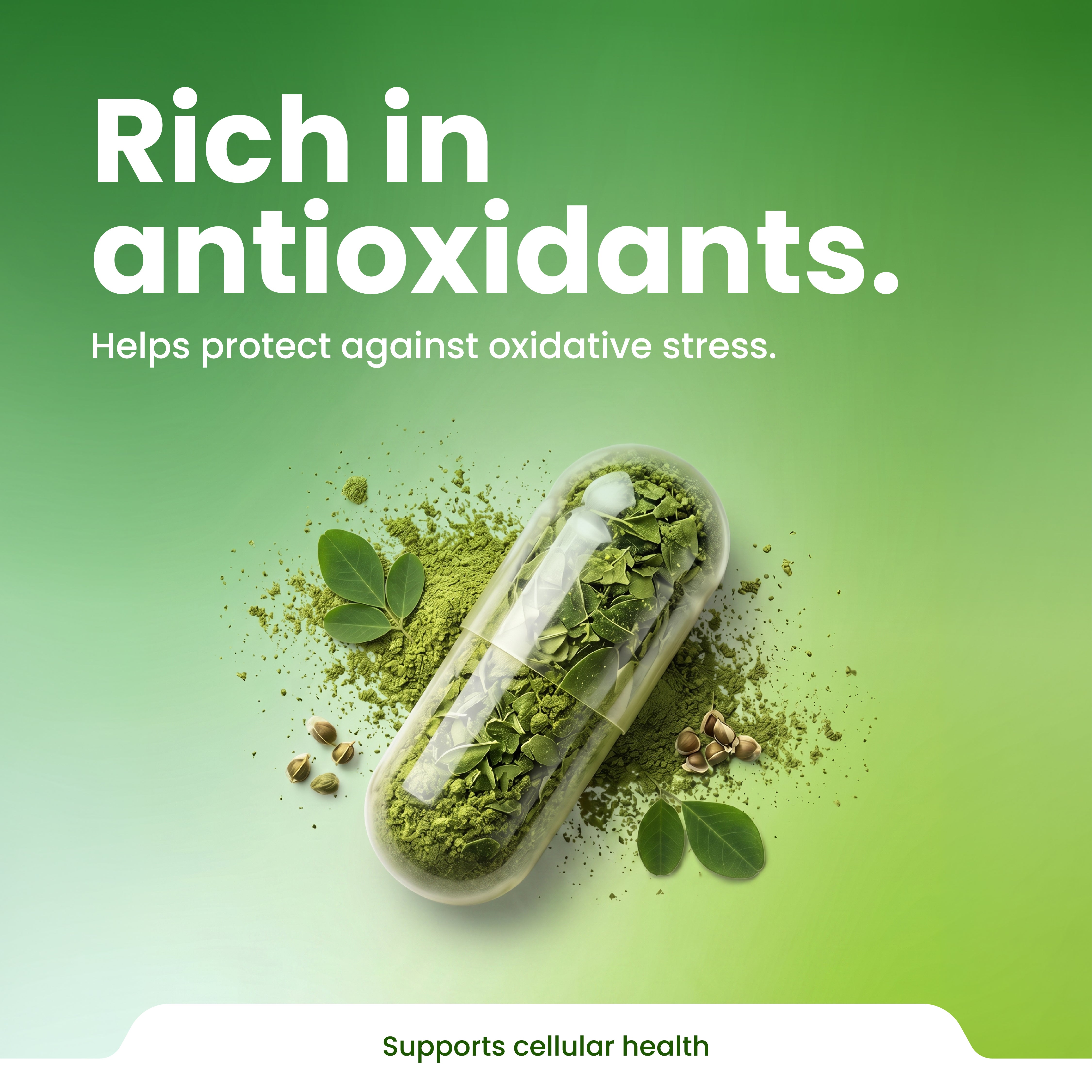 Capsule filled with green powder and leaves on a green background with text about antioxidants and cellular health.