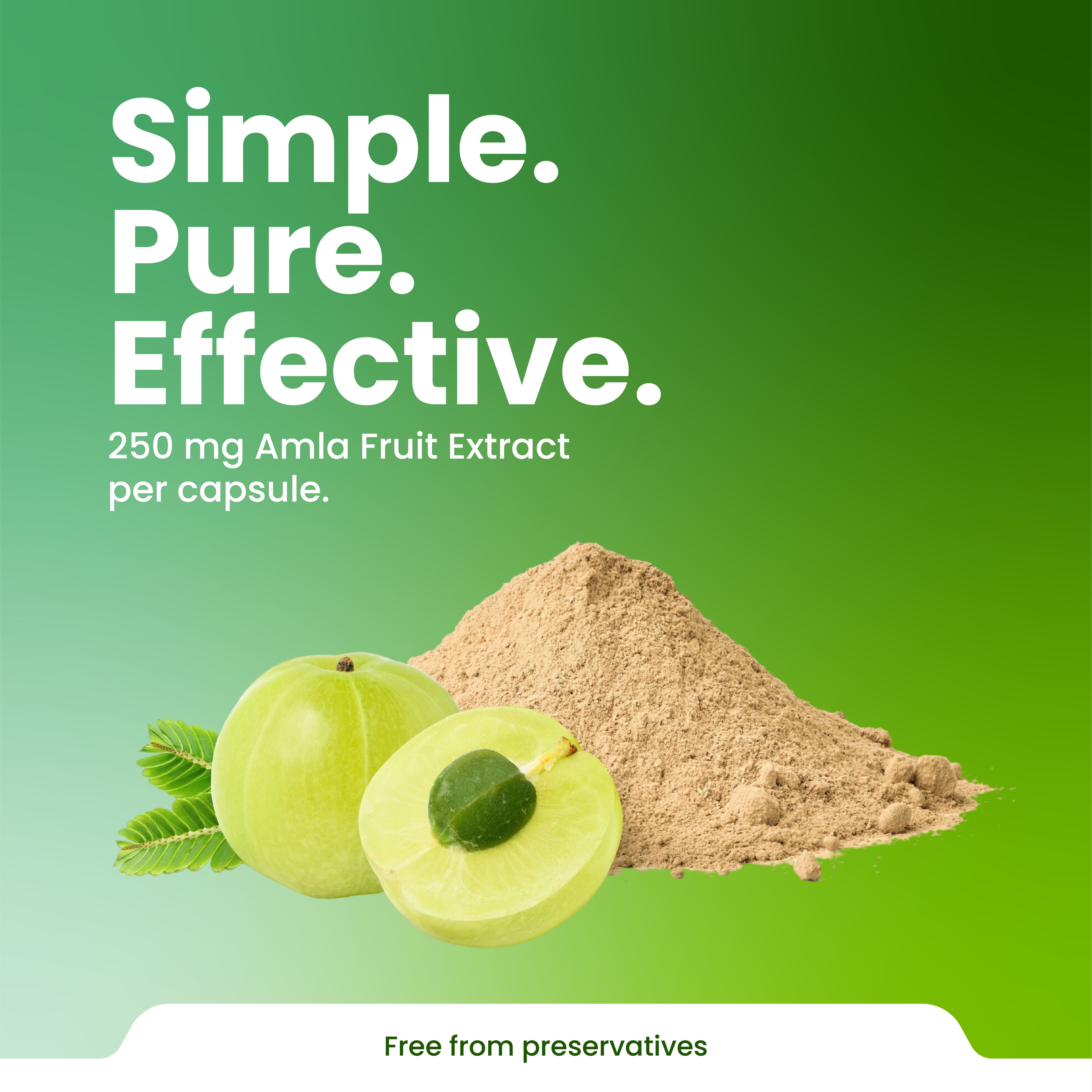 Amla fruit extract with powder and text on a green background