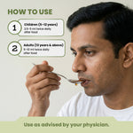 Man taking a pill with a spoon, accompanied by usage instructions on a light green background.