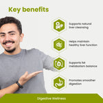 Man pointing to key benefits of digestive wellness on a white background