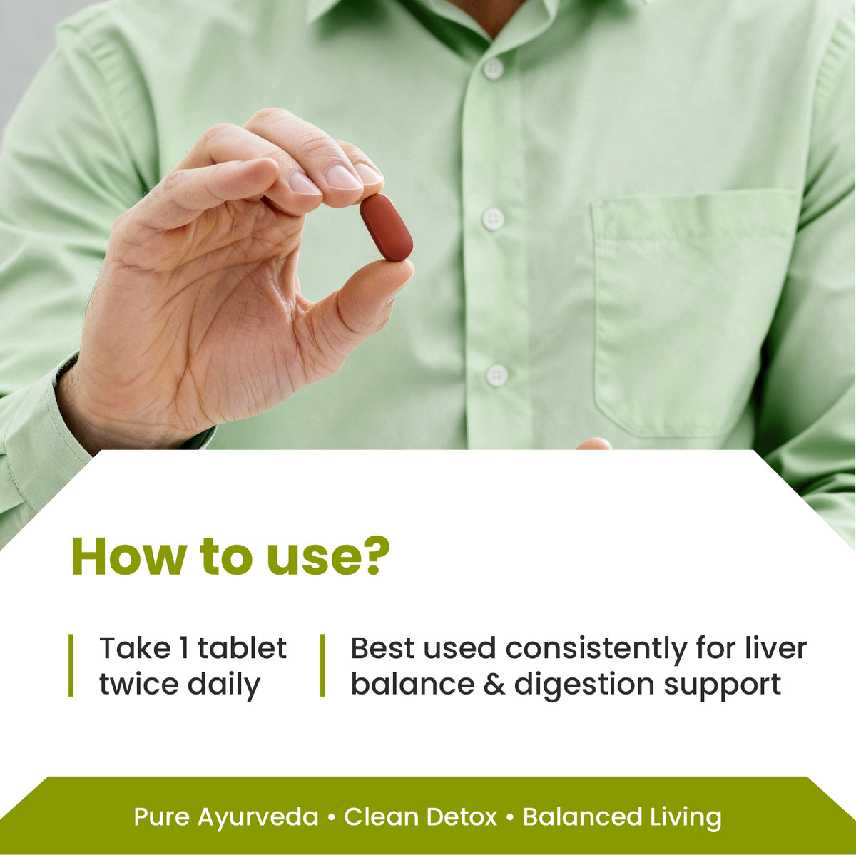 Hand holding a red tablet with usage instructions on a white background