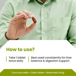 Hand holding a red tablet with usage instructions on a white background