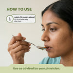 Person using a spoon with medication, accompanied by usage instructions.