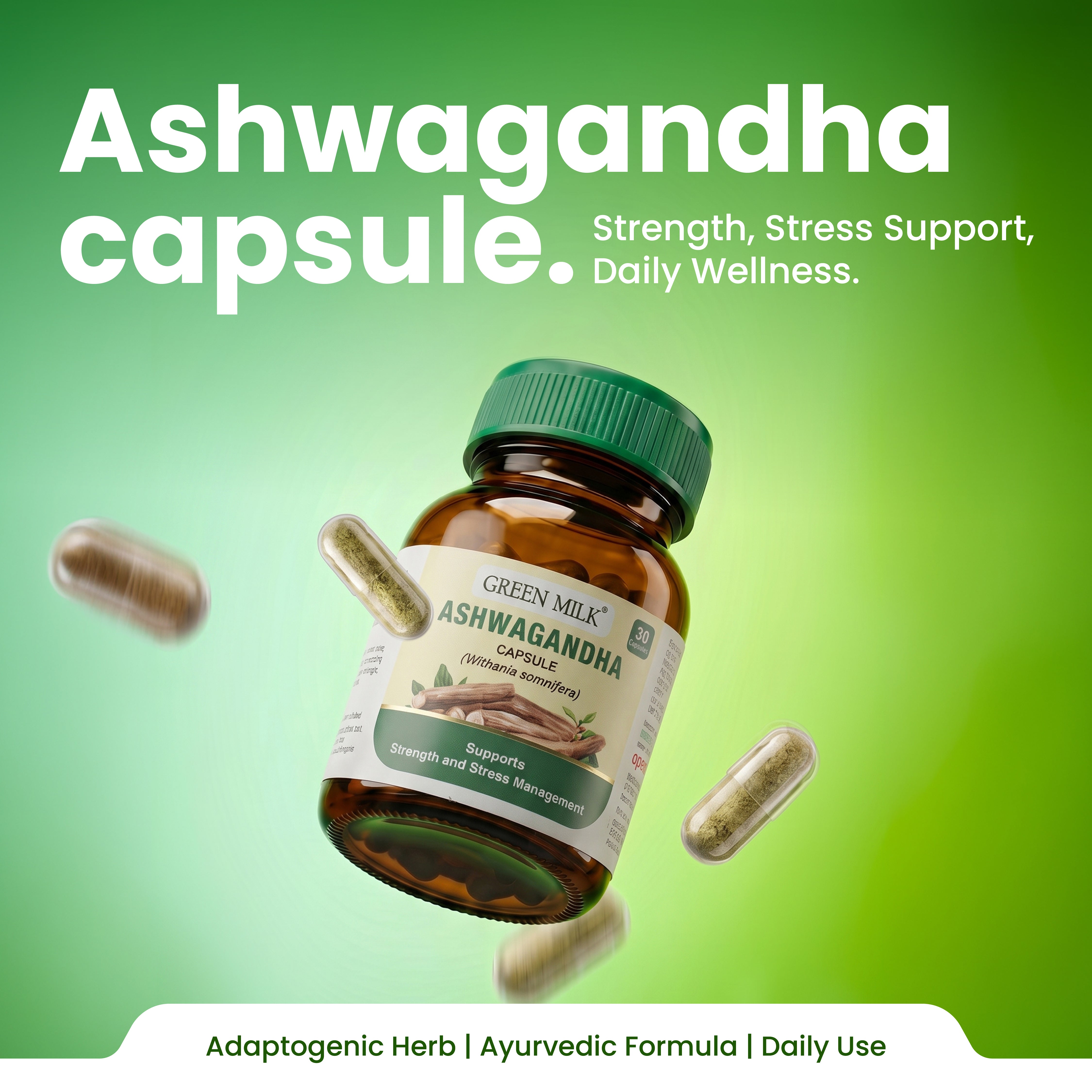 Bottle of Green Milk Ashwagandha capsules with text on a green background