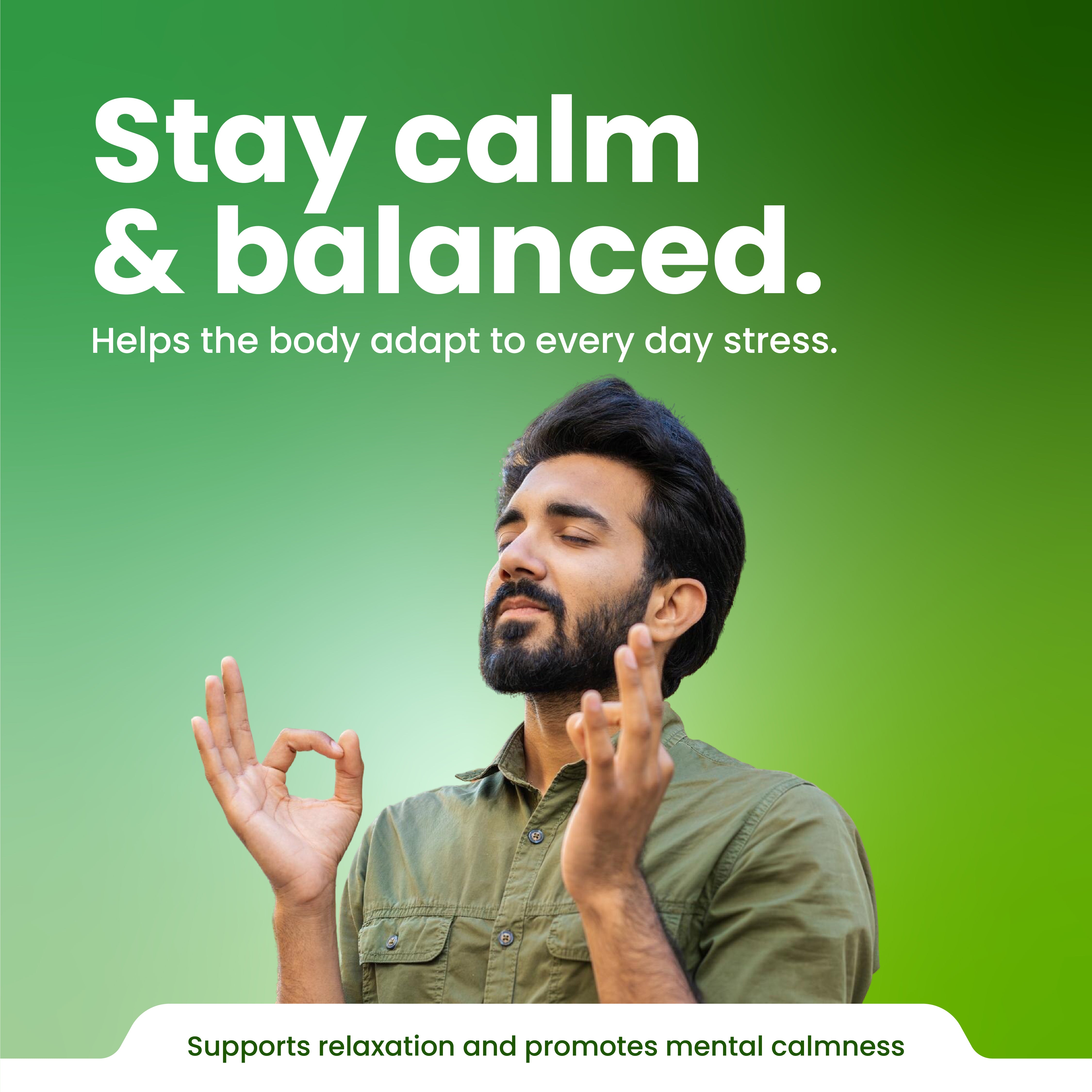 Man in meditation pose with text 'Stay calm & balanced' on a green background