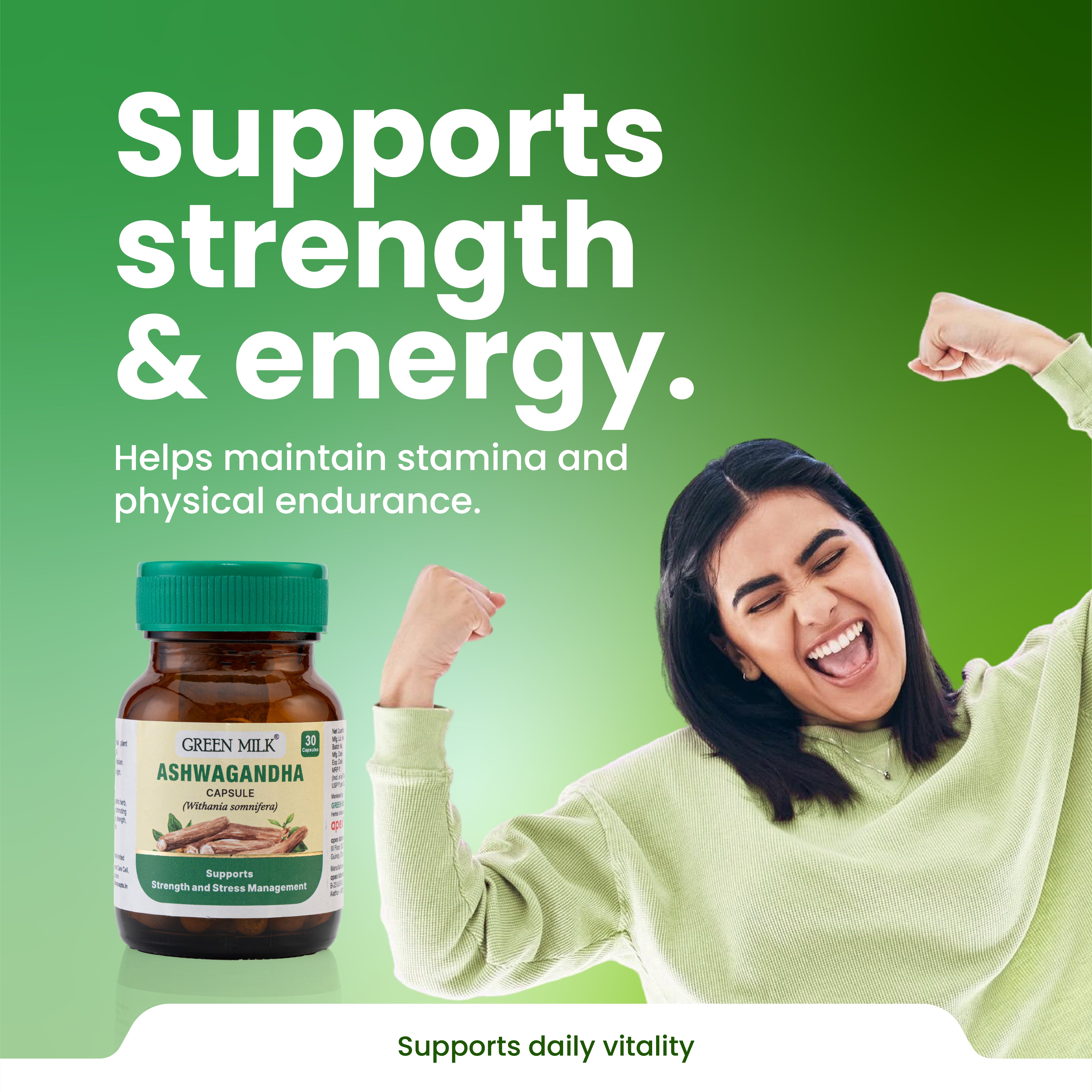 Green Milk Ashwagandha supplement bottle with a woman flexing her arm on a green background
