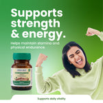 Green Milk Ashwagandha supplement bottle with a woman flexing her arm on a green background