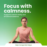 Woman meditating with text about focus, calmness, mental clarity, emotional balance, and managing daily fatigue on a green background.