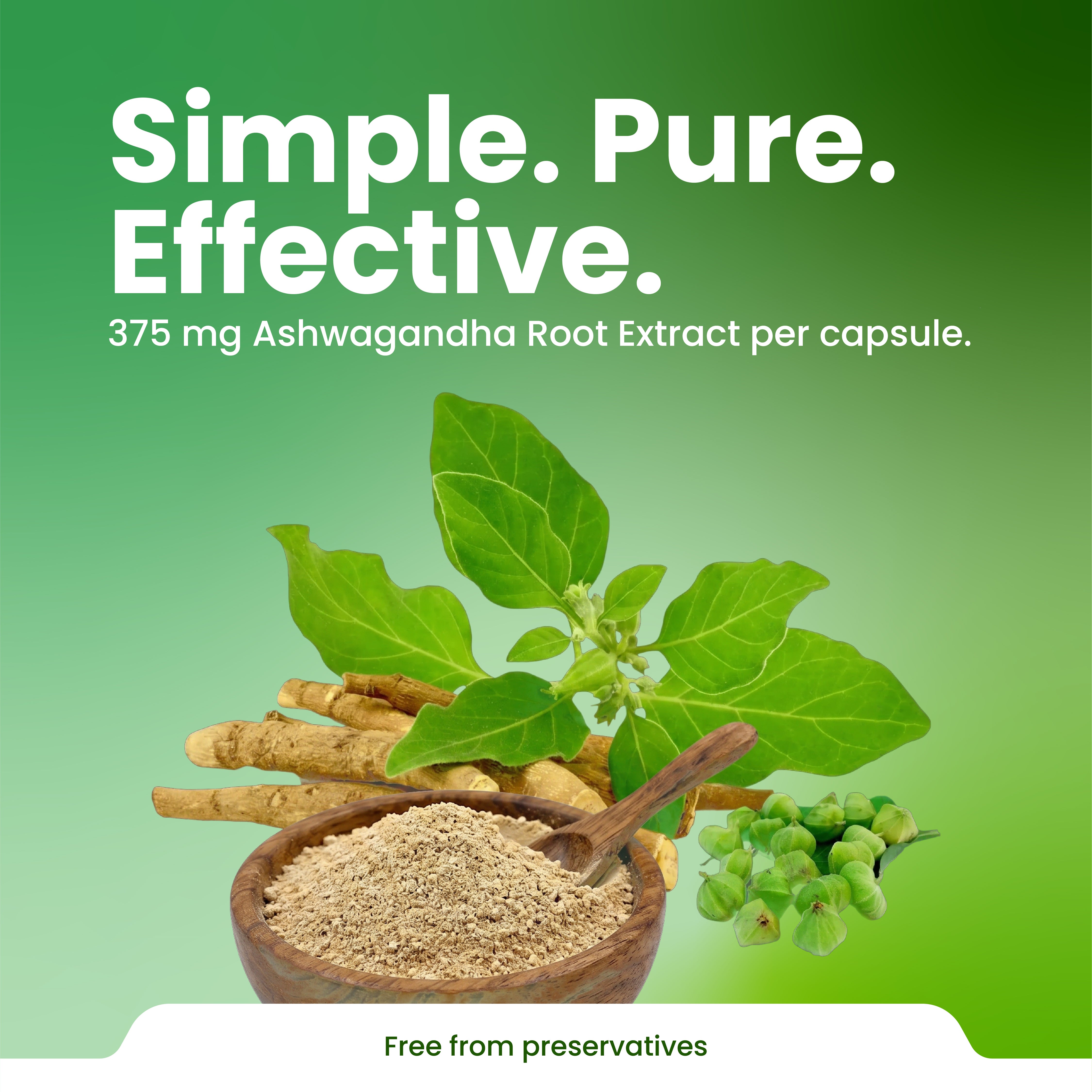 Ashwagandha root extract with a green background and text highlighting benefits.