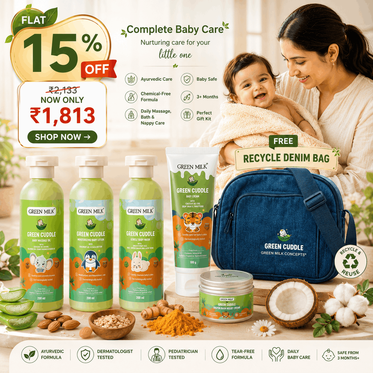 Green Cuddle Baby Care Bundle – Complete Newborn Essentials Kit for Daily Skincare & Wellness (Free Diaper Bag)