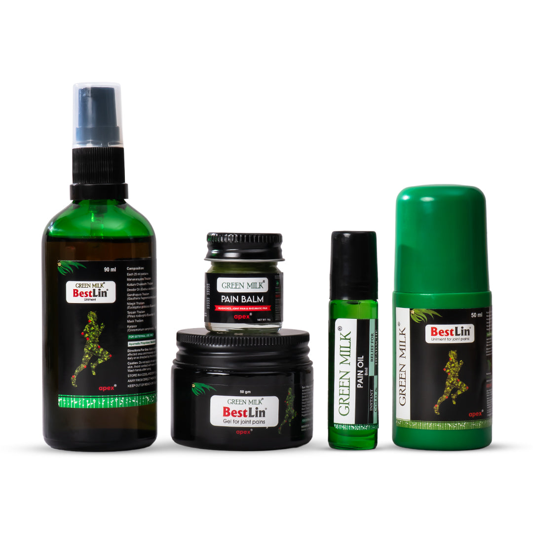 Collection of BestLin and Green Milk pain care products on a white background