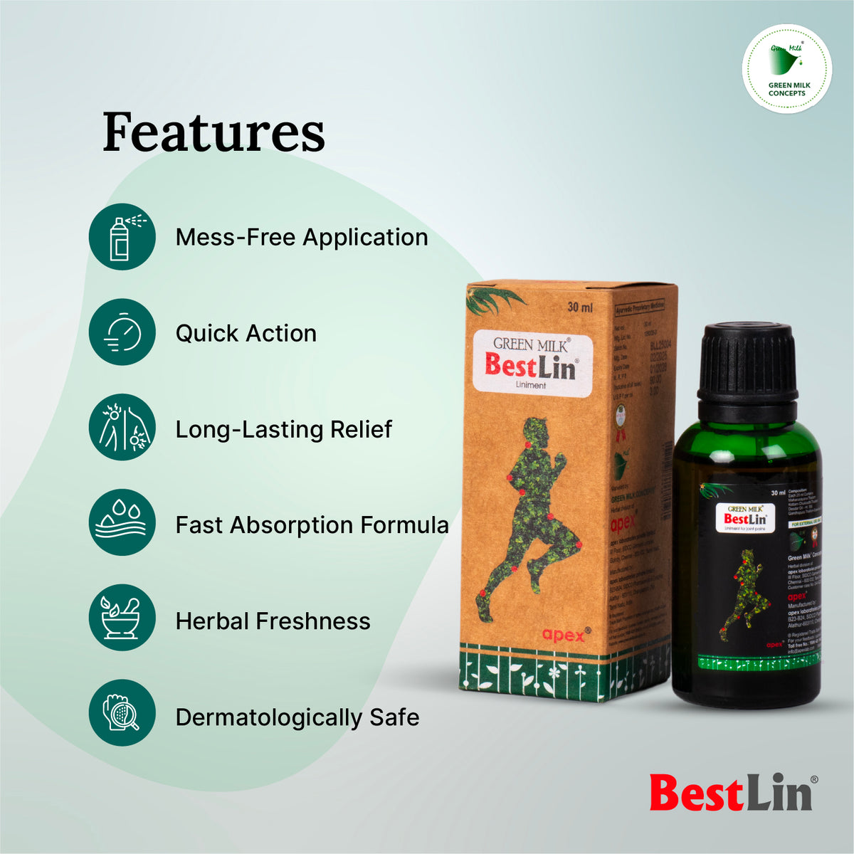 Green Milk BestLin product packaging with features listed on a light gray background