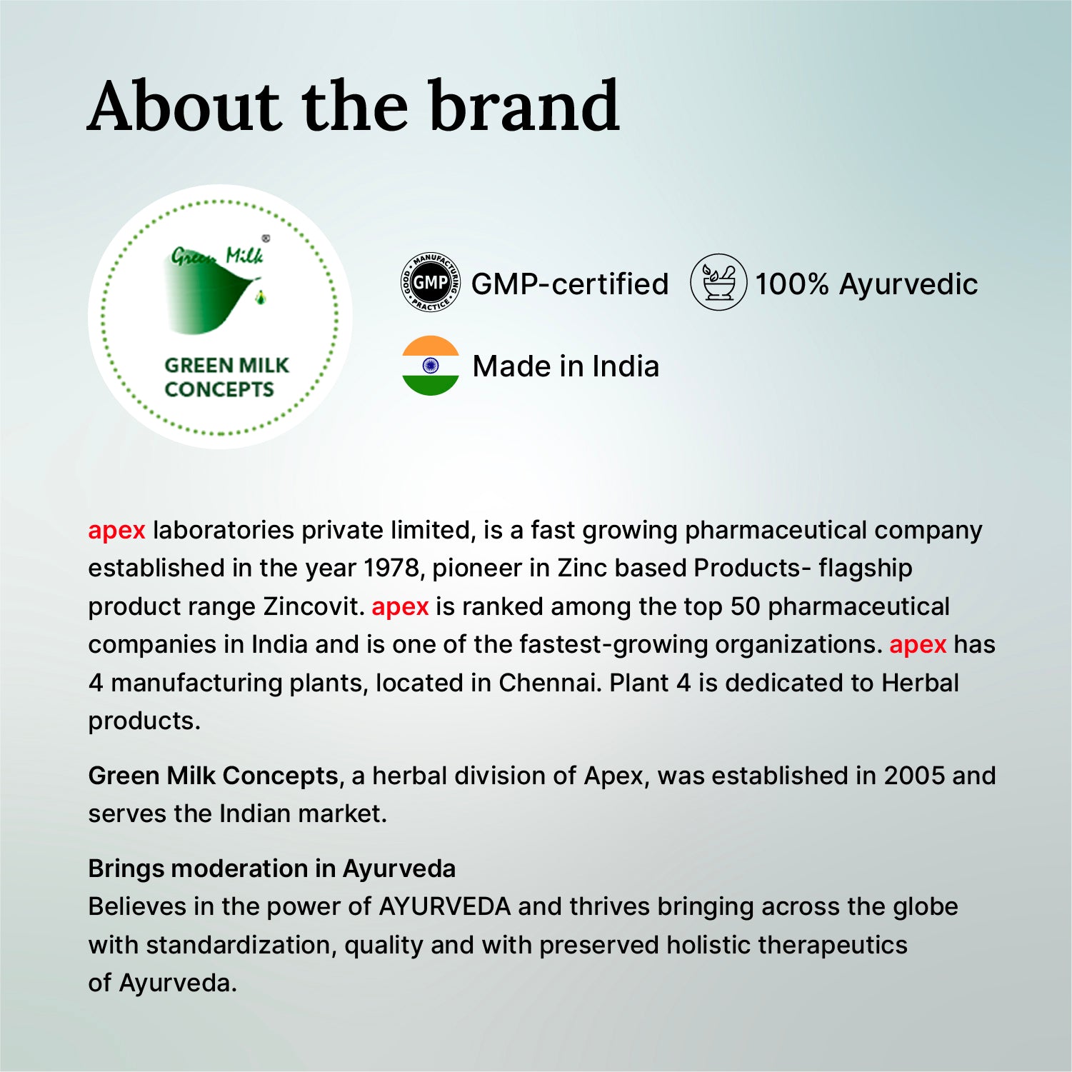 Information about Green Milk Concepts brand on a gray background
