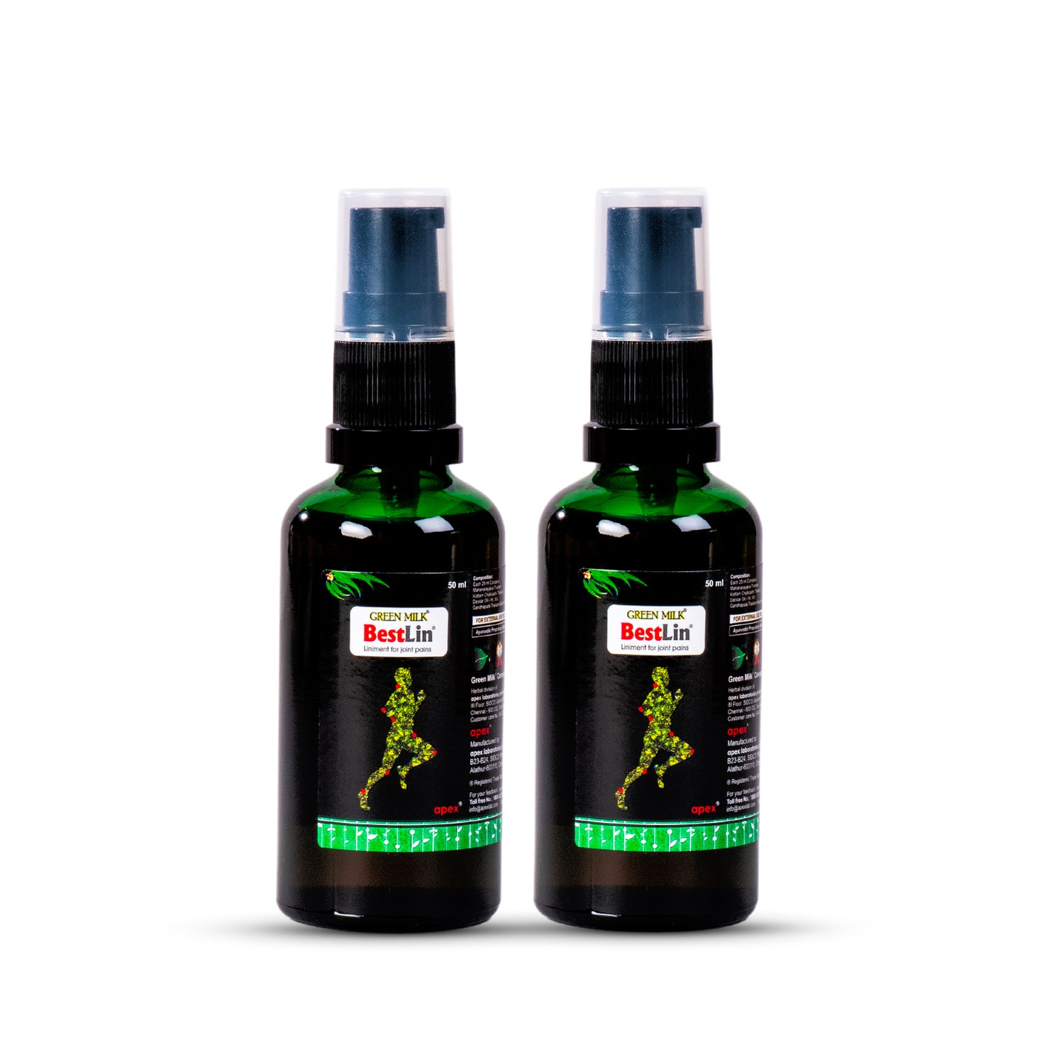 Two green bottles with black labels featuring a logo and text on a white background