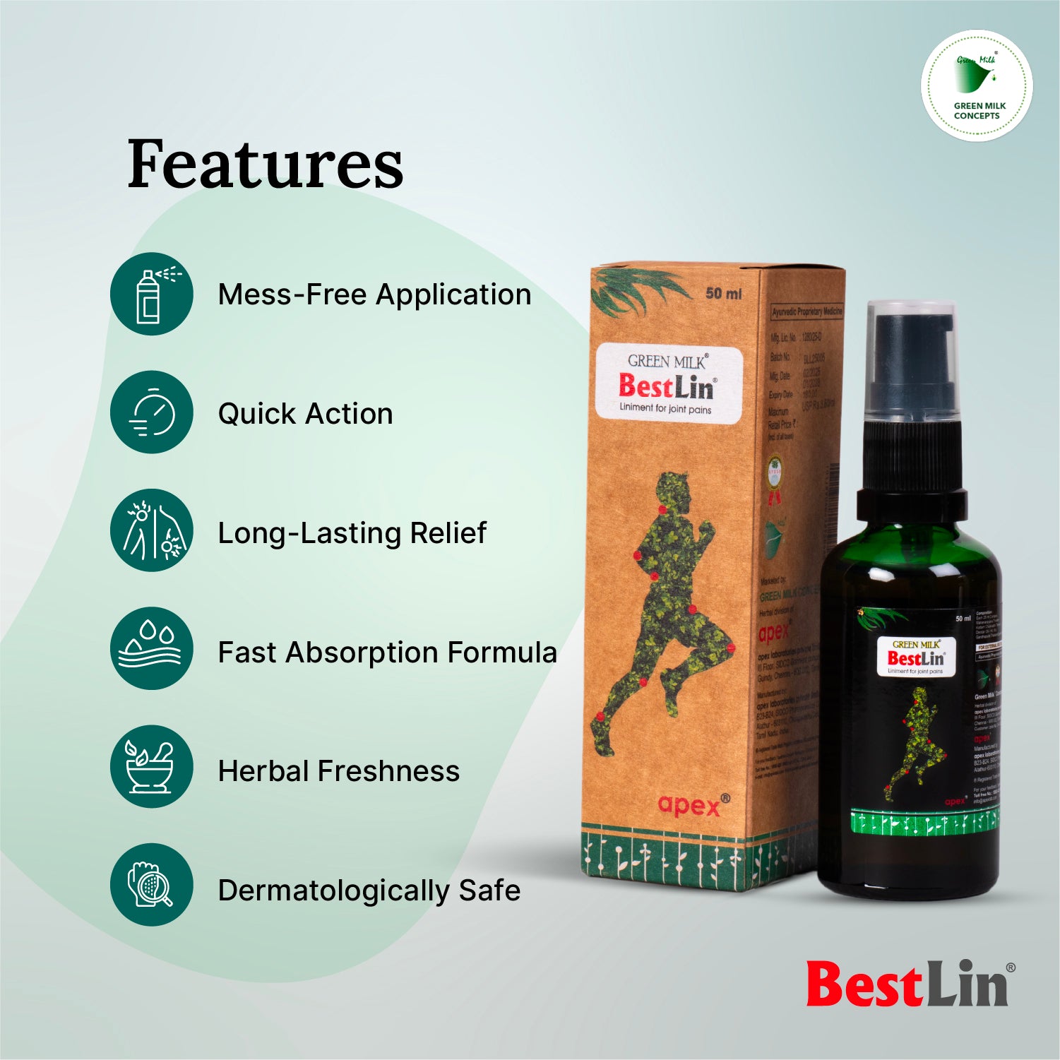 BestLin product packaging with features listed on a light gray background