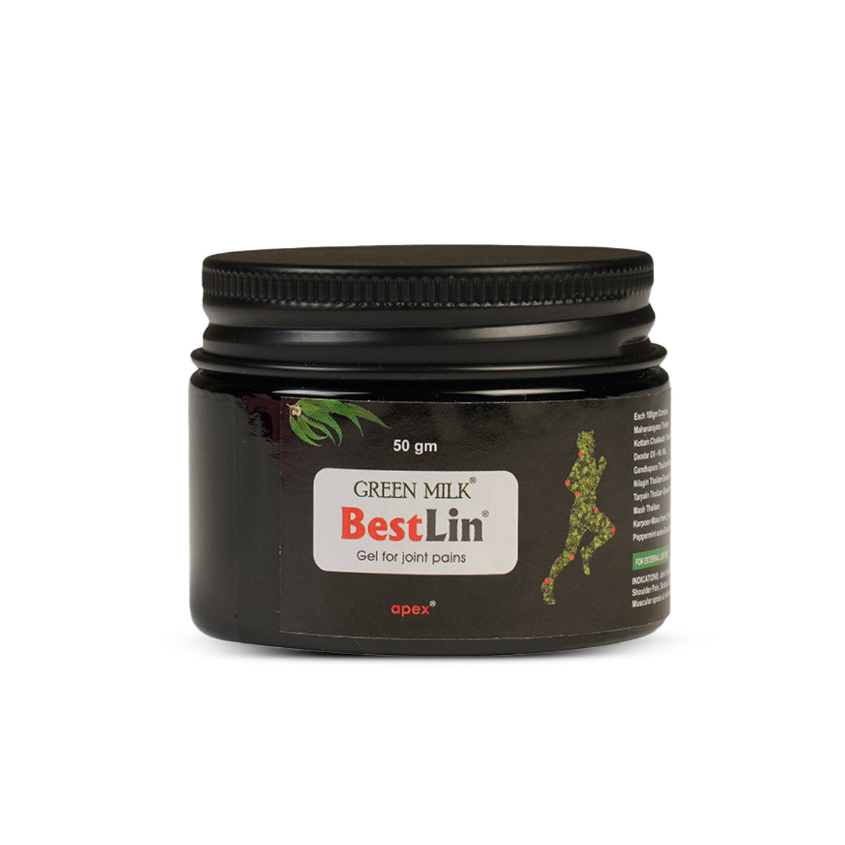 Black jar of Green Milk Best Lin gel for joint pains on a white background