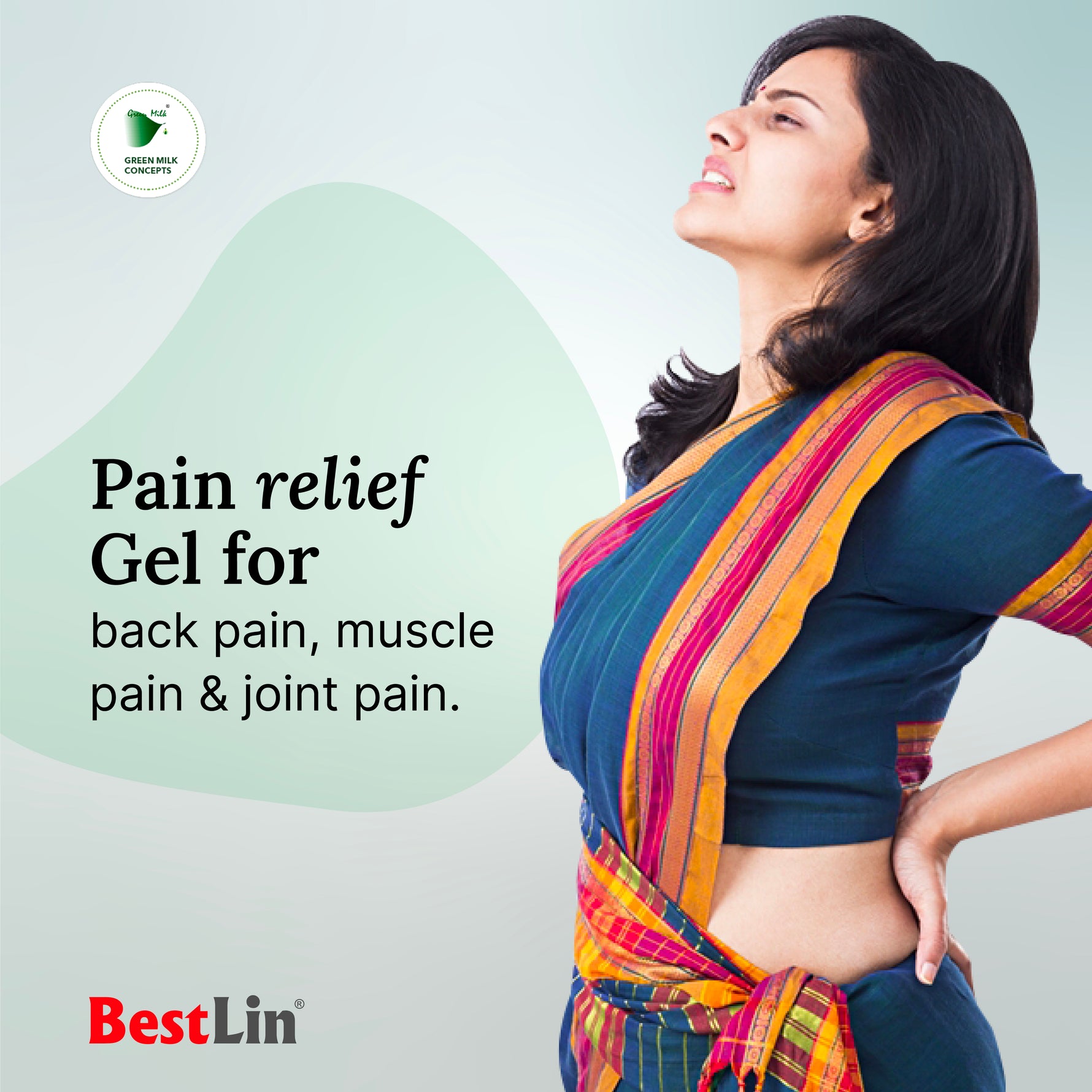Woman with back pain using a pain relief gel, with BestLin branding.