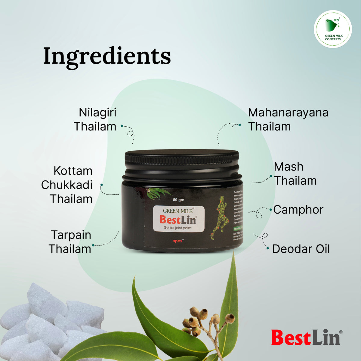 Black jar with 'BestLin' branding and listed ingredients on a light gray background