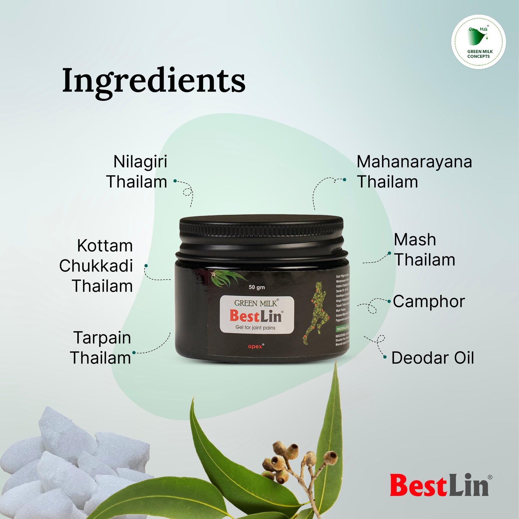 Black jar with 'BestLin' branding and listed ingredients on a light gray background