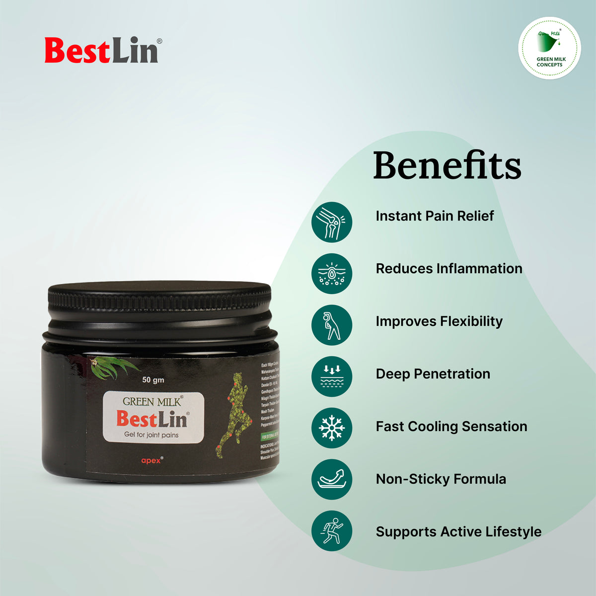 BestLin product jar with benefits listed on a light gray background