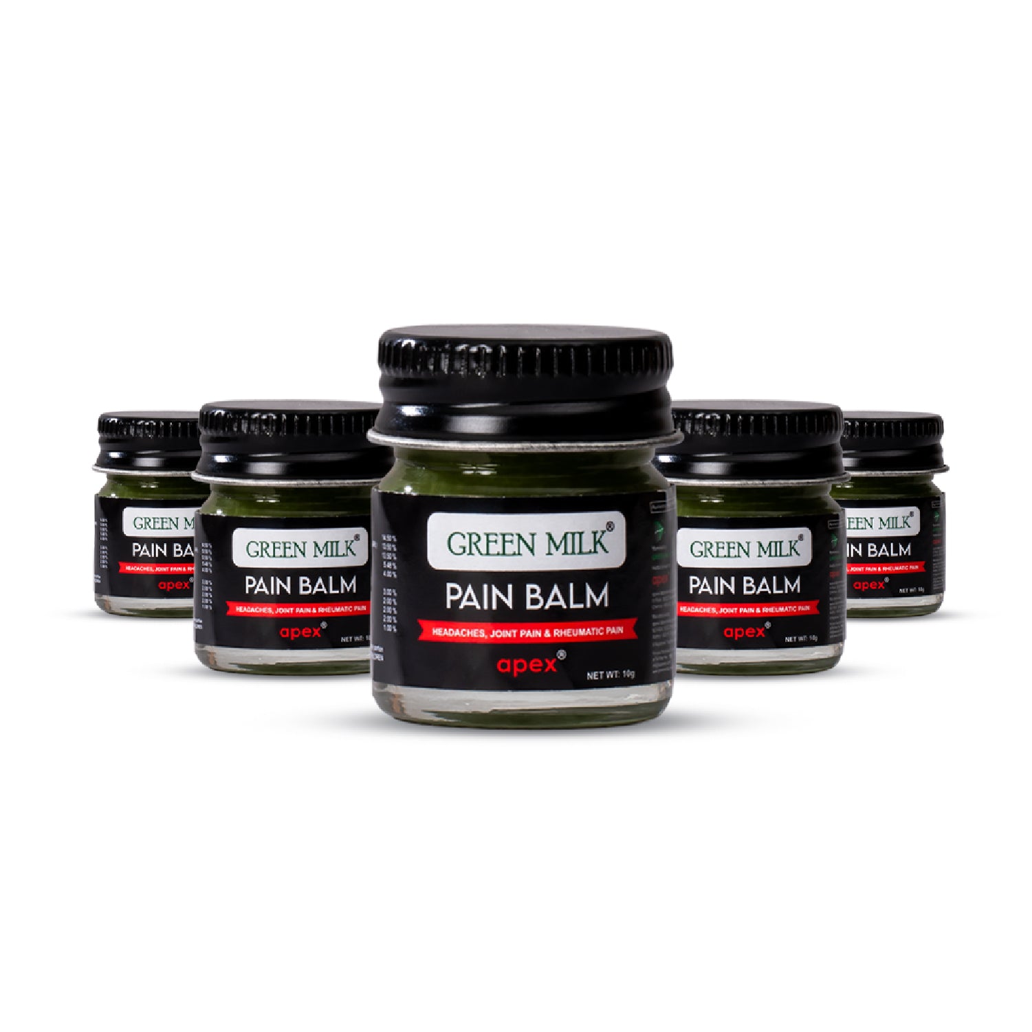 Multiple jars of Green Milk Pain Balm on a white background