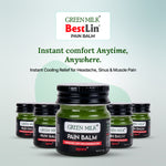 Green Milk BestLin Pain Balm jars with a light gray background