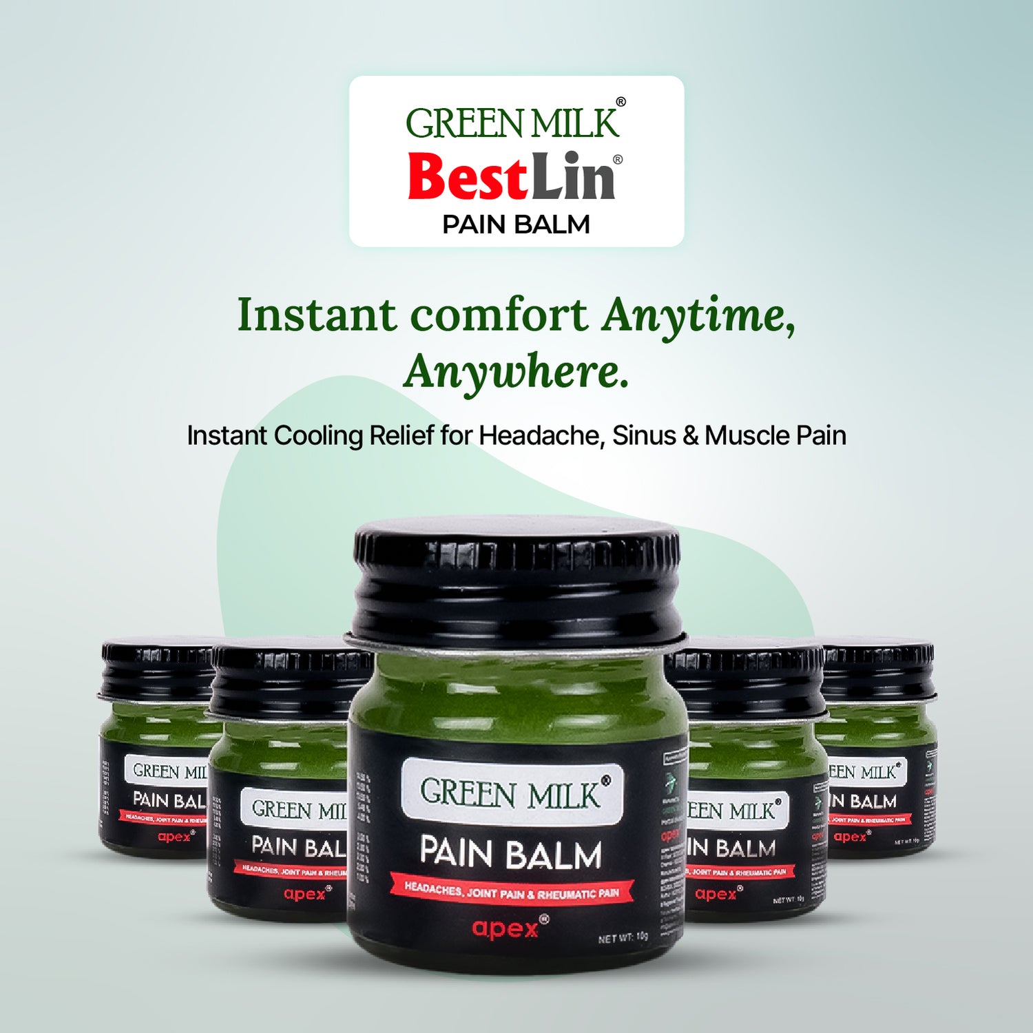 Green Milk BestLin Pain Balm jars with a light gray background