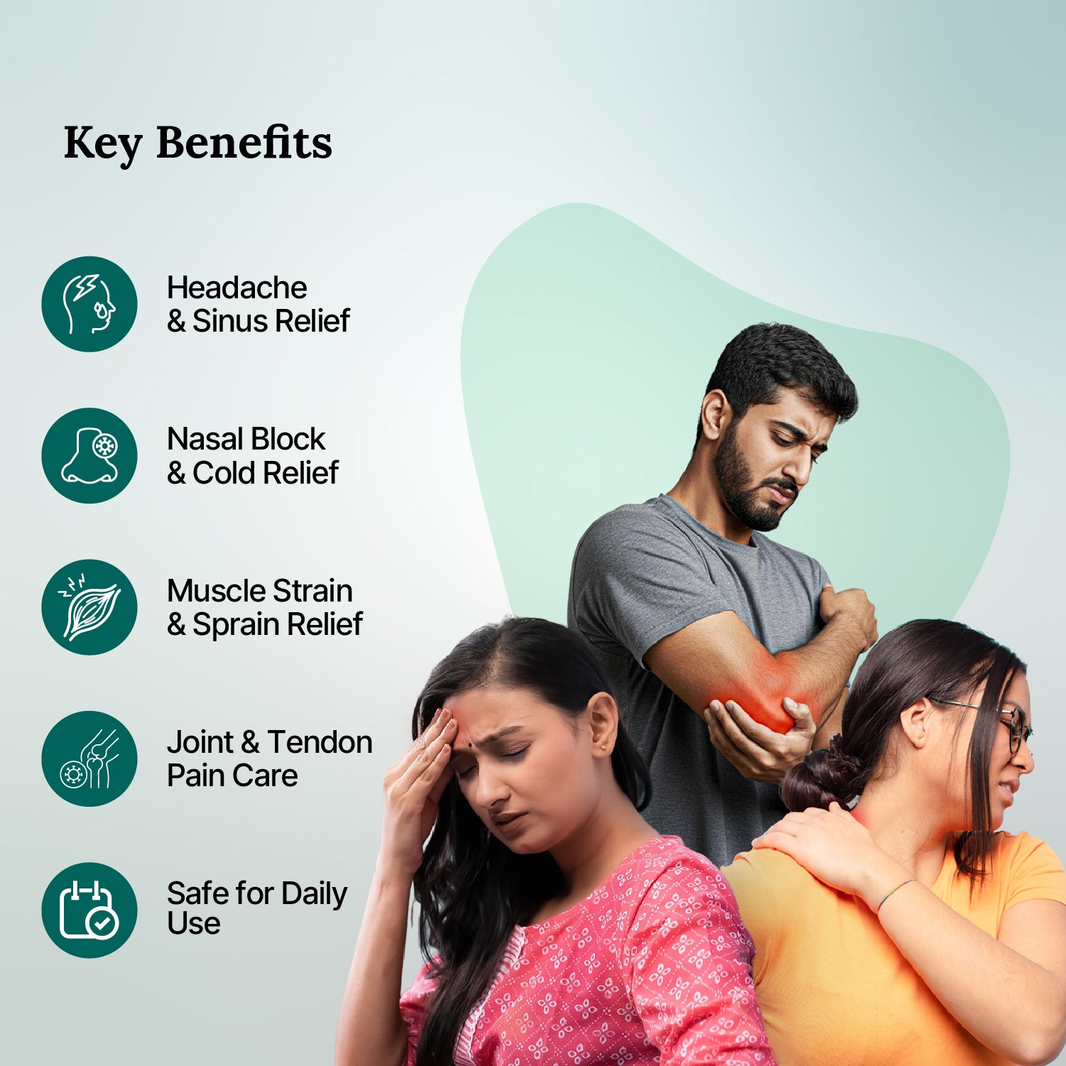 People experiencing various discomforts with text on key benefits against a light gray background