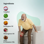 Man experiencing pain with ingredients listed on a light gray background