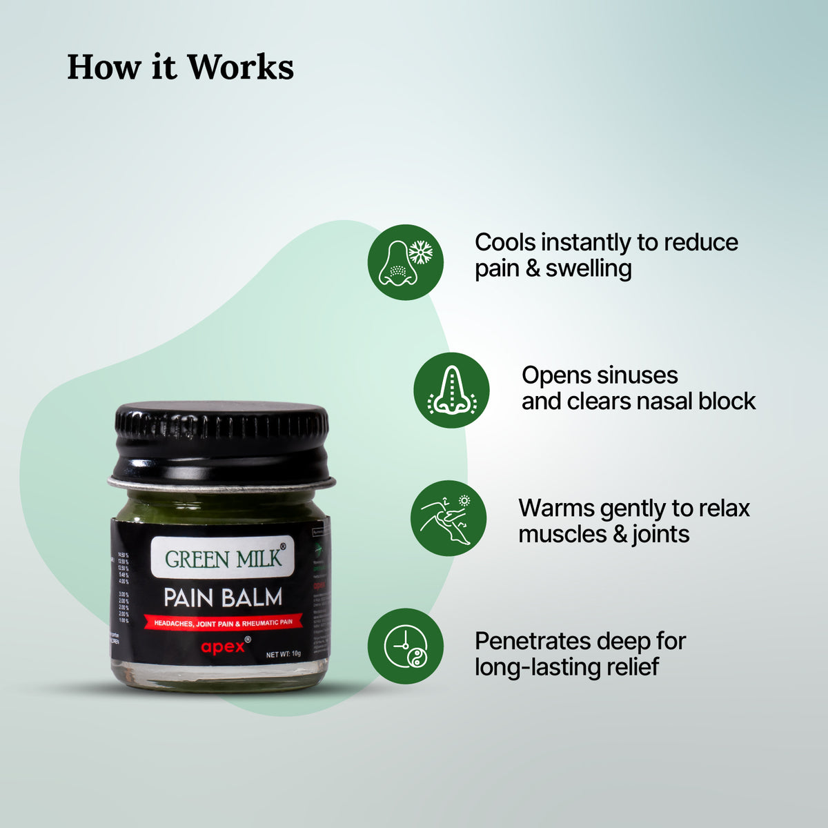 Green Milk Pain Balm jar with text on a light gray background