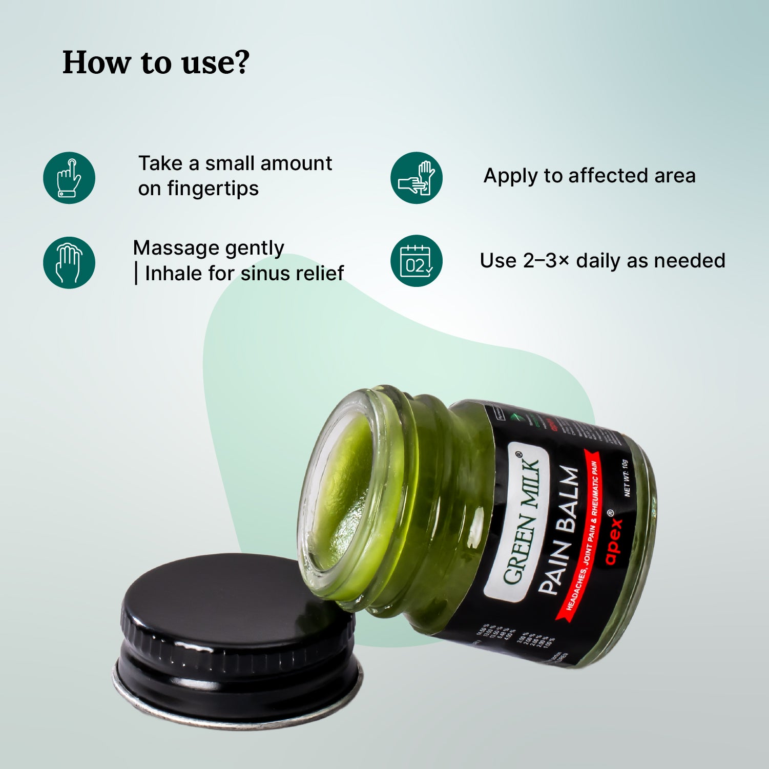 Green Milk Pain Balm jar with usage instructions on a light blue background