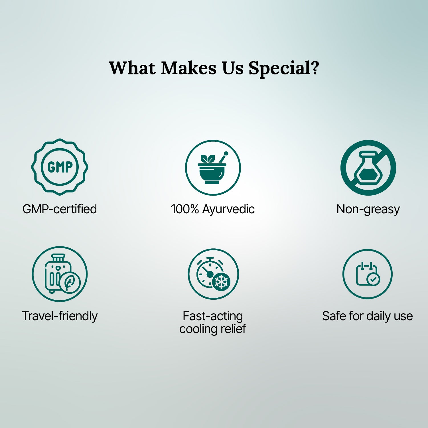 List of product features with icons and text on a light blue background